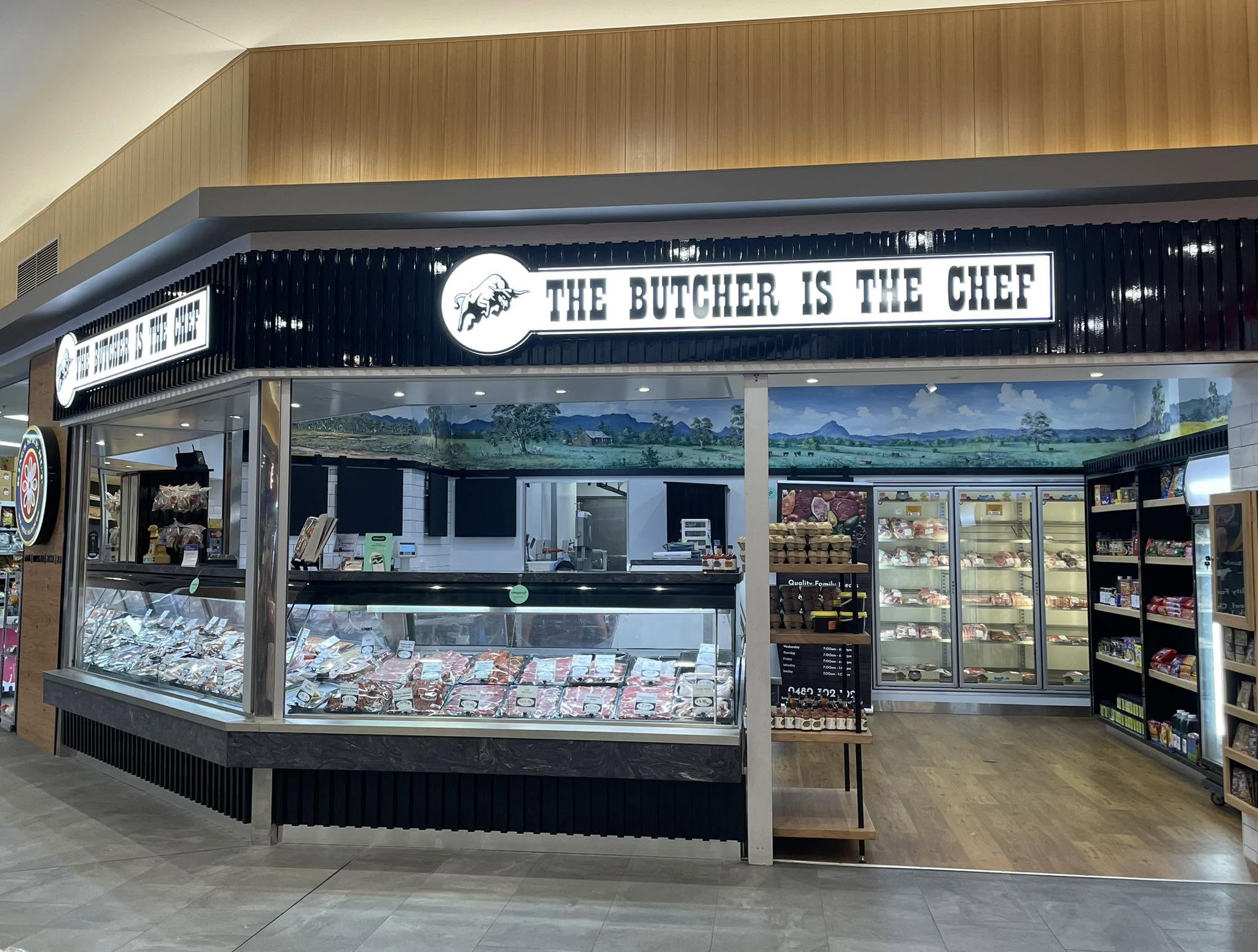 The Butcher is the Chef shopfront at Bracken Ridge Plaza, with its black fascia and lightbox signage